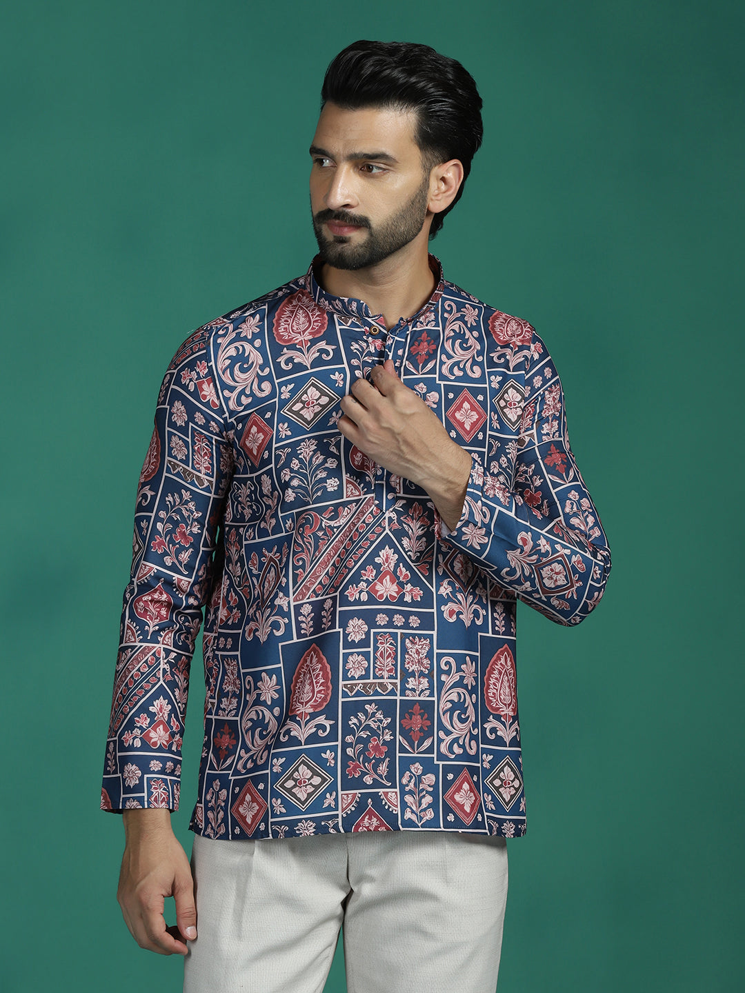 Zavaya Multicolor Ornamental Print Rayon Short Kurta for Men