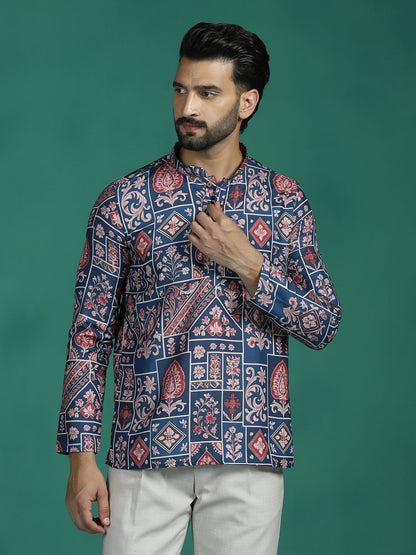 Zavaya Multicolor Ornamental Print Rayon Short Kurta for Men