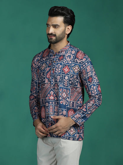 Zavaya Multicolor Ornamental Print Rayon Short Kurta for Men