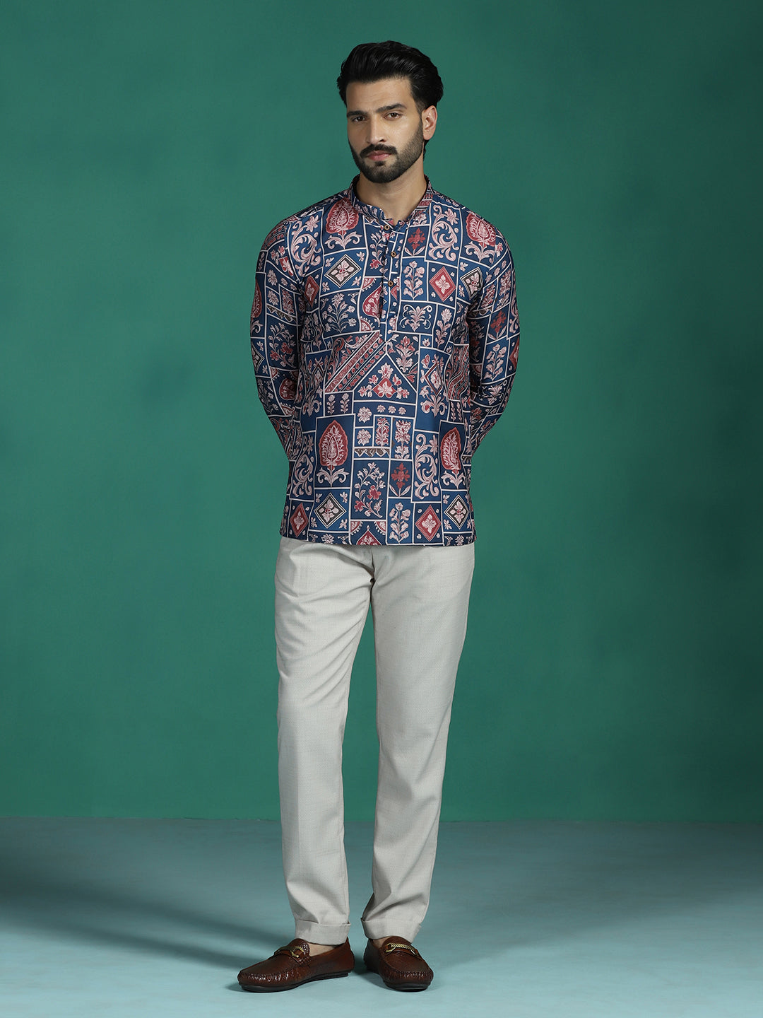 Zavaya Multicolor Ornamental Print Rayon Short Kurta for Men