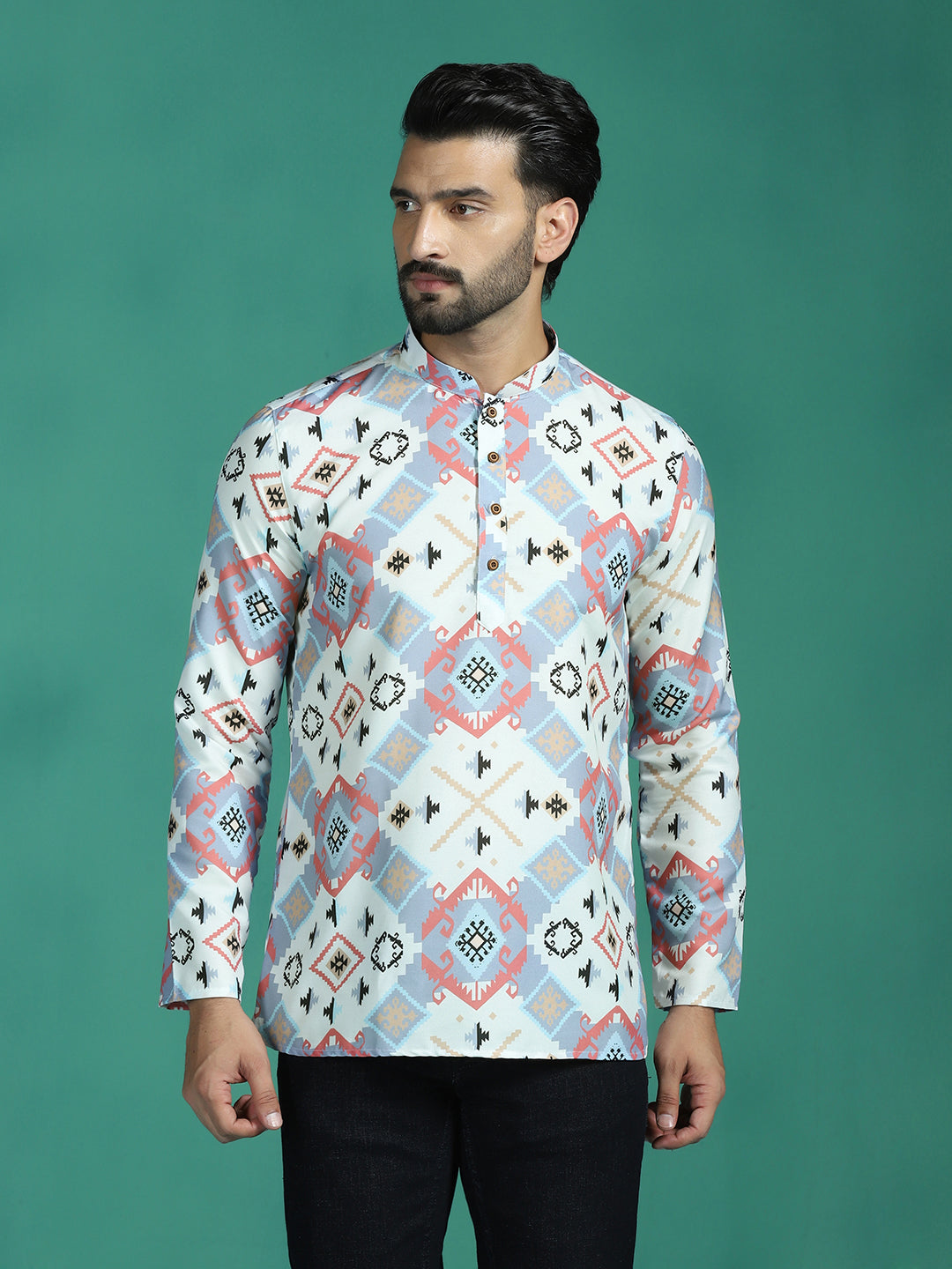 Zavaya White Ethnic Motifs Rayon Short Kurta for Men