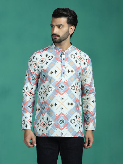 Zavaya White Ethnic Motifs Rayon Short Kurta for Men