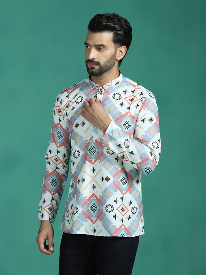 Zavaya White Ethnic Motifs Rayon Short Kurta for Men