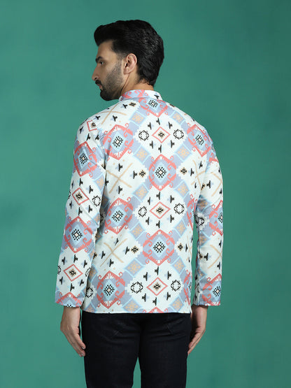Zavaya White Ethnic Motifs Rayon Short Kurta for Men