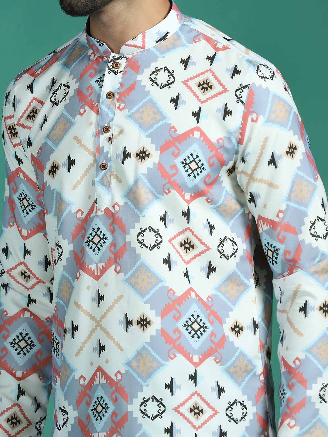 Zavaya White Ethnic Motifs Rayon Short Kurta for Men