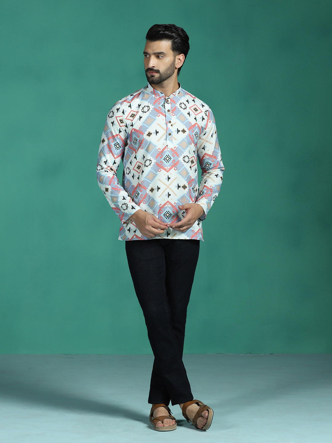 Zavaya White Ethnic Motifs Rayon Short Kurta for Men