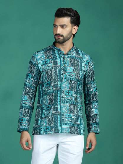 Zavaya Green Geometric Ethnic Print Rayon Short Kurta for Men