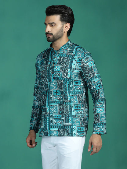 Zavaya Green Geometric Ethnic Print Rayon Short Kurta for Men