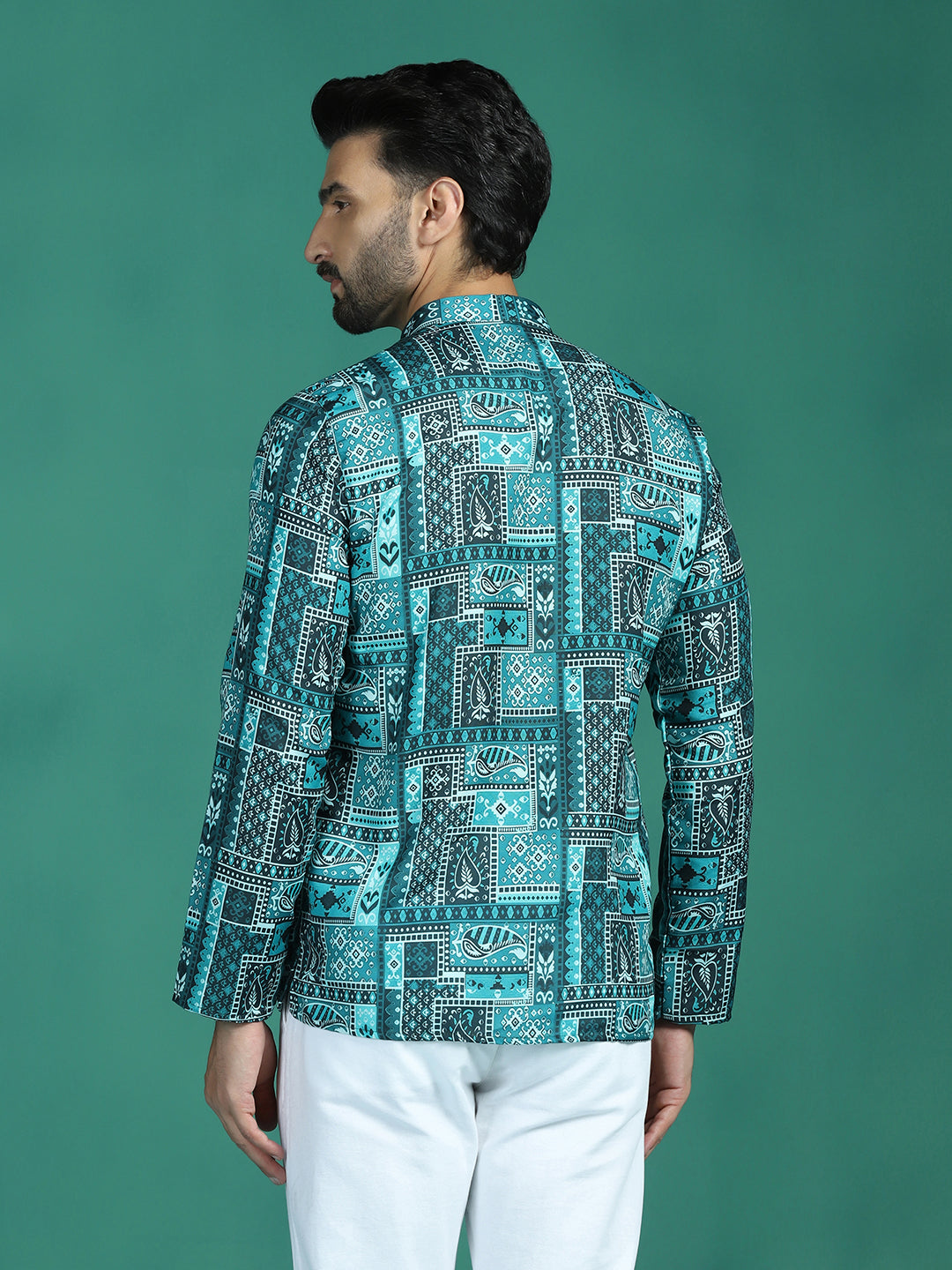 Zavaya Green Geometric Ethnic Print Rayon Short Kurta for Men