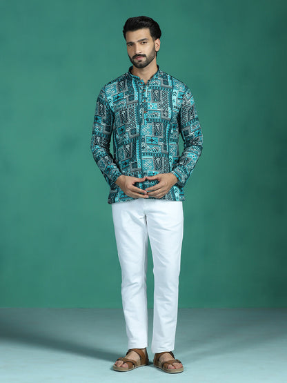 Zavaya Green Geometric Ethnic Print Rayon Short Kurta for Men