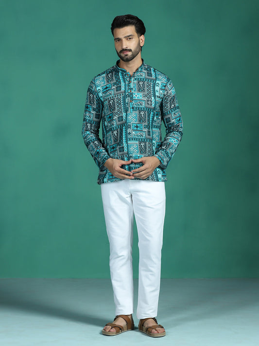 Zavaya Green Geometric Ethnic Print Rayon Short Kurta for Men