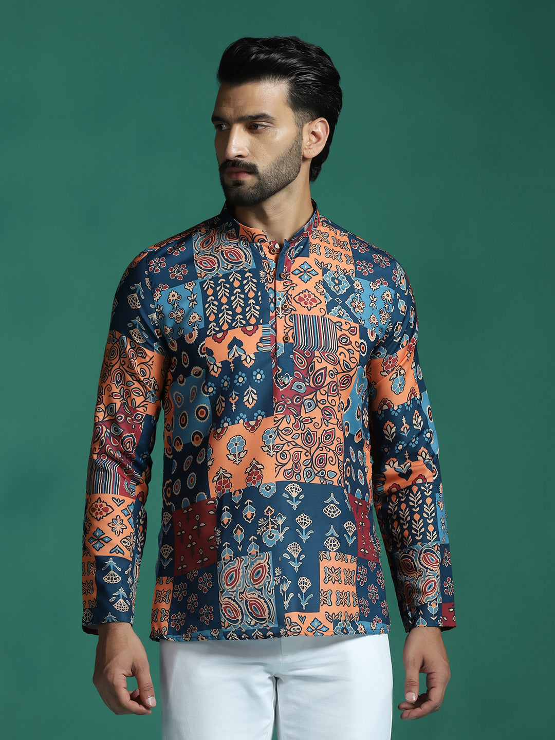 Zavaya Multicolor Floral Rayon Short Kurta for Men