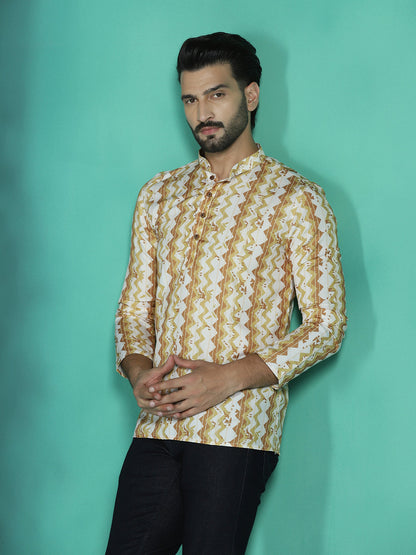 Zavaya Yellow Zigzag Rayon Short Kurta for Men