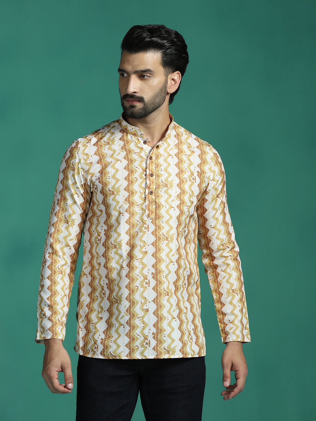 Zavaya Yellow Zigzag Rayon Short Kurta for Men