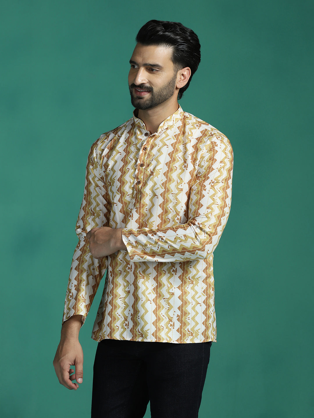 Zavaya Yellow Zigzag Rayon Short Kurta for Men