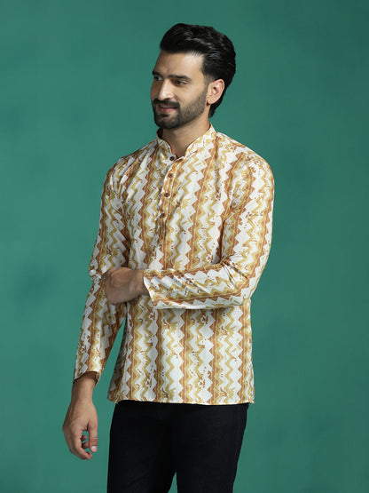 Zavaya Yellow Zigzag Rayon Short Kurta for Men
