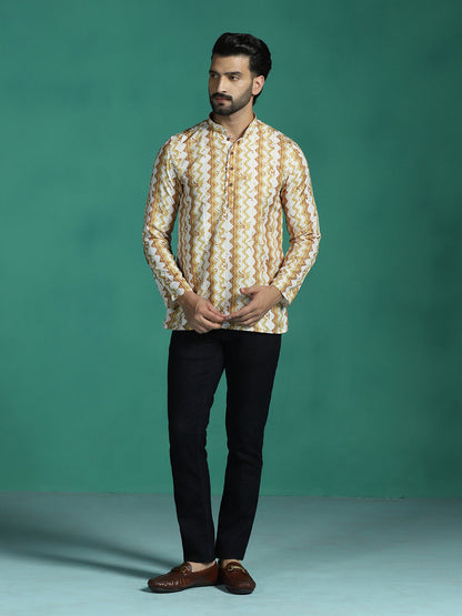 Zavaya Yellow Zigzag Rayon Short Kurta for Men