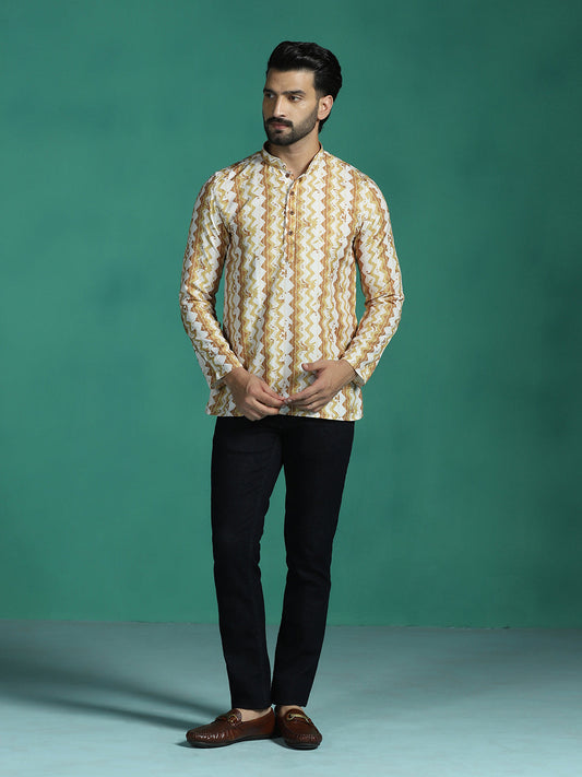 Zavaya Yellow Zigzag Rayon Short Kurta for Men