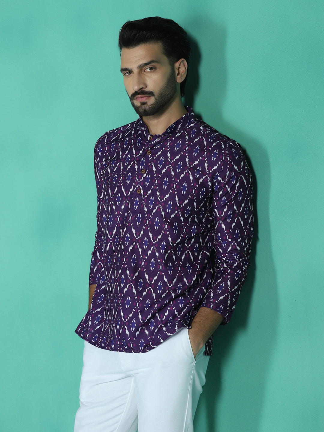 Zavaya Purple Zigzag Rayon Short Kurta for Men