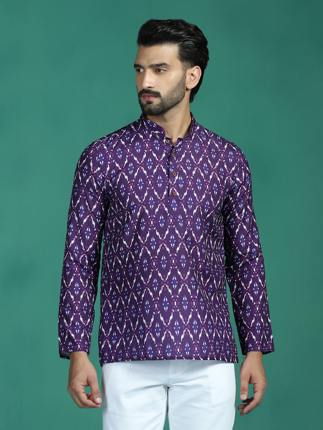 Zavaya Purple Zigzag Rayon Short Kurta for Men