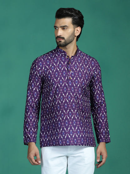 Zavaya Purple Zigzag Rayon Short Kurta for Men