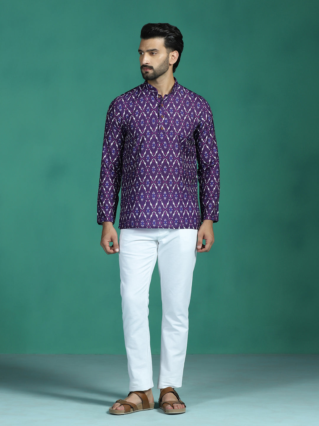 Zavaya Purple Zigzag Rayon Short Kurta for Men