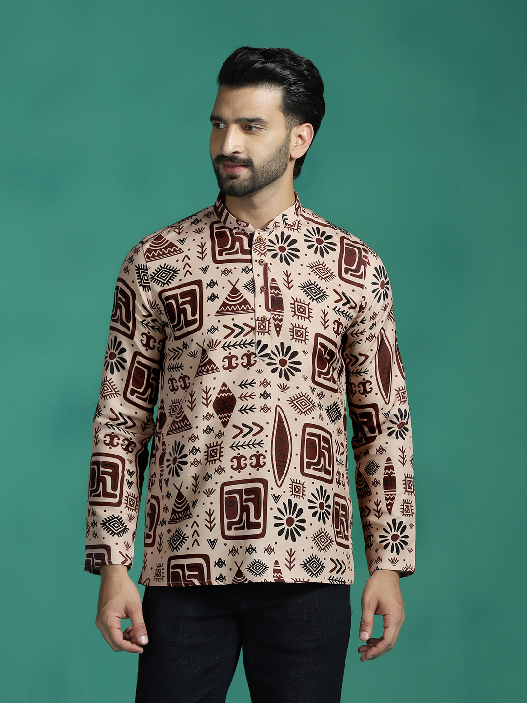 Zavaya Brown Geometric Rayon Short Kurta for Men