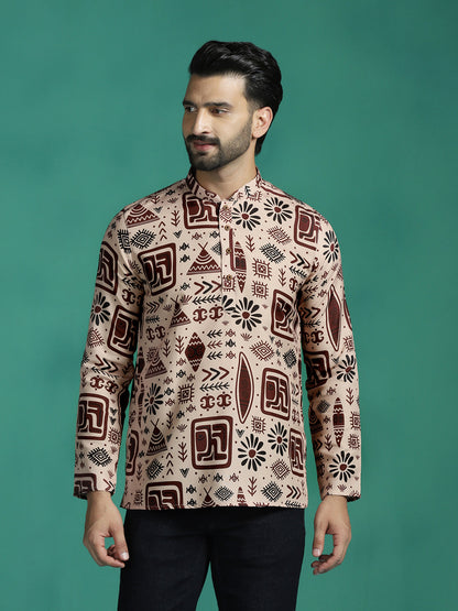 Zavaya Brown Geometric Rayon Short Kurta for Men