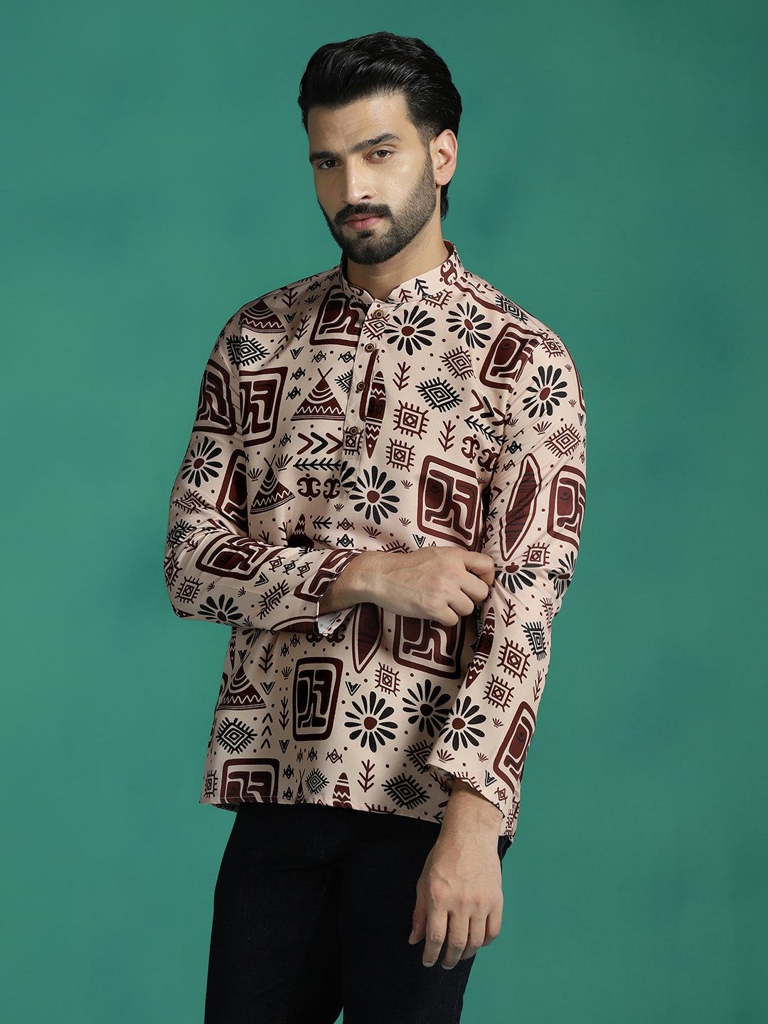 Zavaya Brown Geometric Rayon Short Kurta for Men