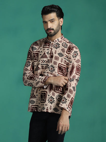 Zavaya Brown Geometric Rayon Short Kurta for Men