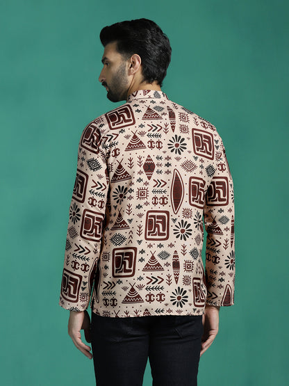 Zavaya Brown Geometric Rayon Short Kurta for Men