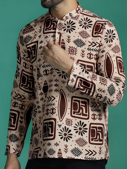 Zavaya Brown Geometric Rayon Short Kurta for Men