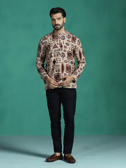 Zavaya Brown Geometric Rayon Short Kurta for Men
