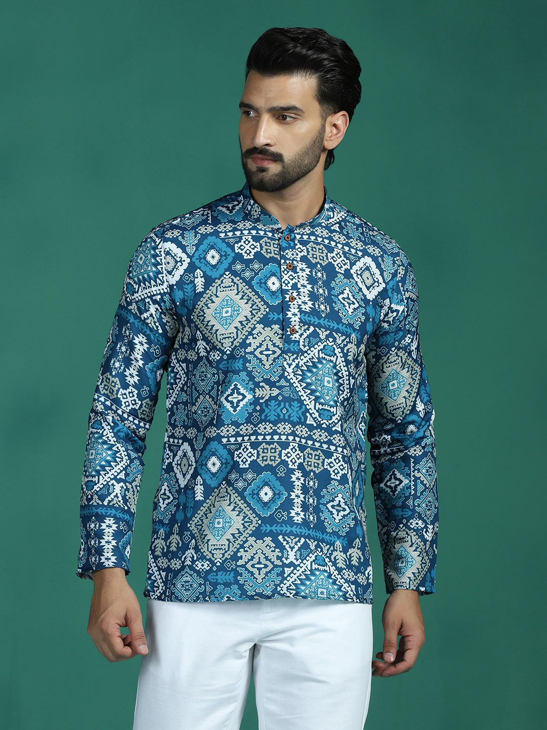 Zavaya Blue Abstract Rayon Short Kurta for Men