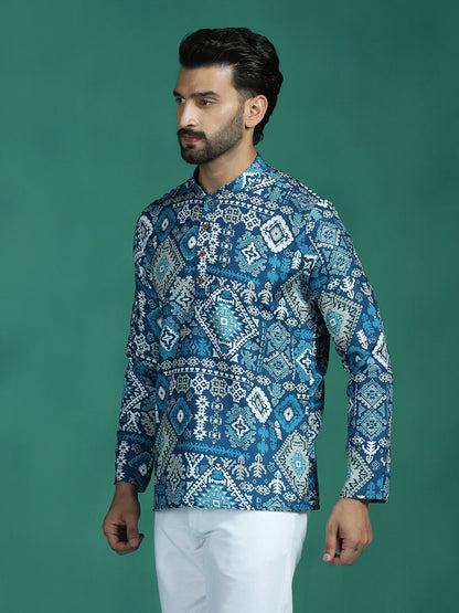 Zavaya Blue Abstract Rayon Short Kurta for Men