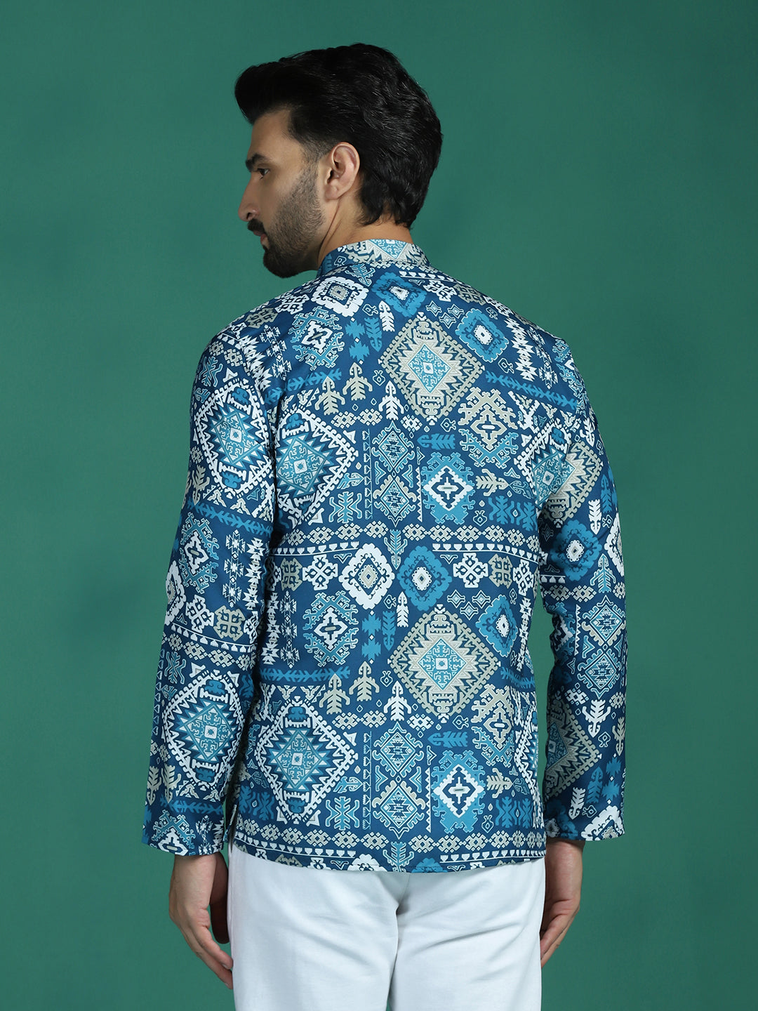 Zavaya Blue Abstract Rayon Short Kurta for Men
