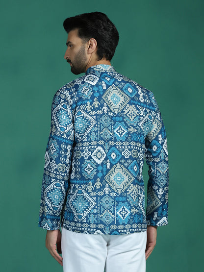 Zavaya Blue Abstract Rayon Short Kurta for Men