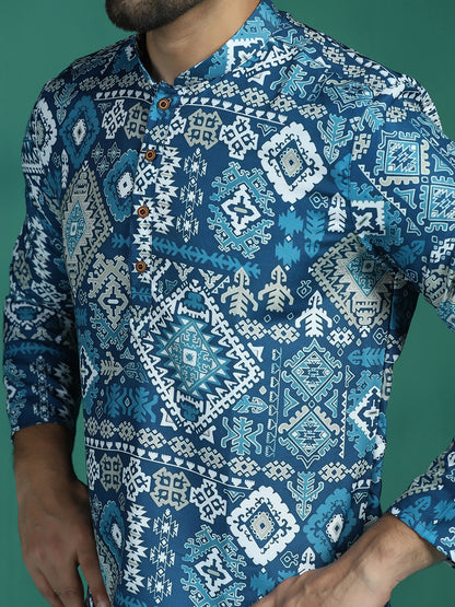 Zavaya Blue Abstract Rayon Short Kurta for Men