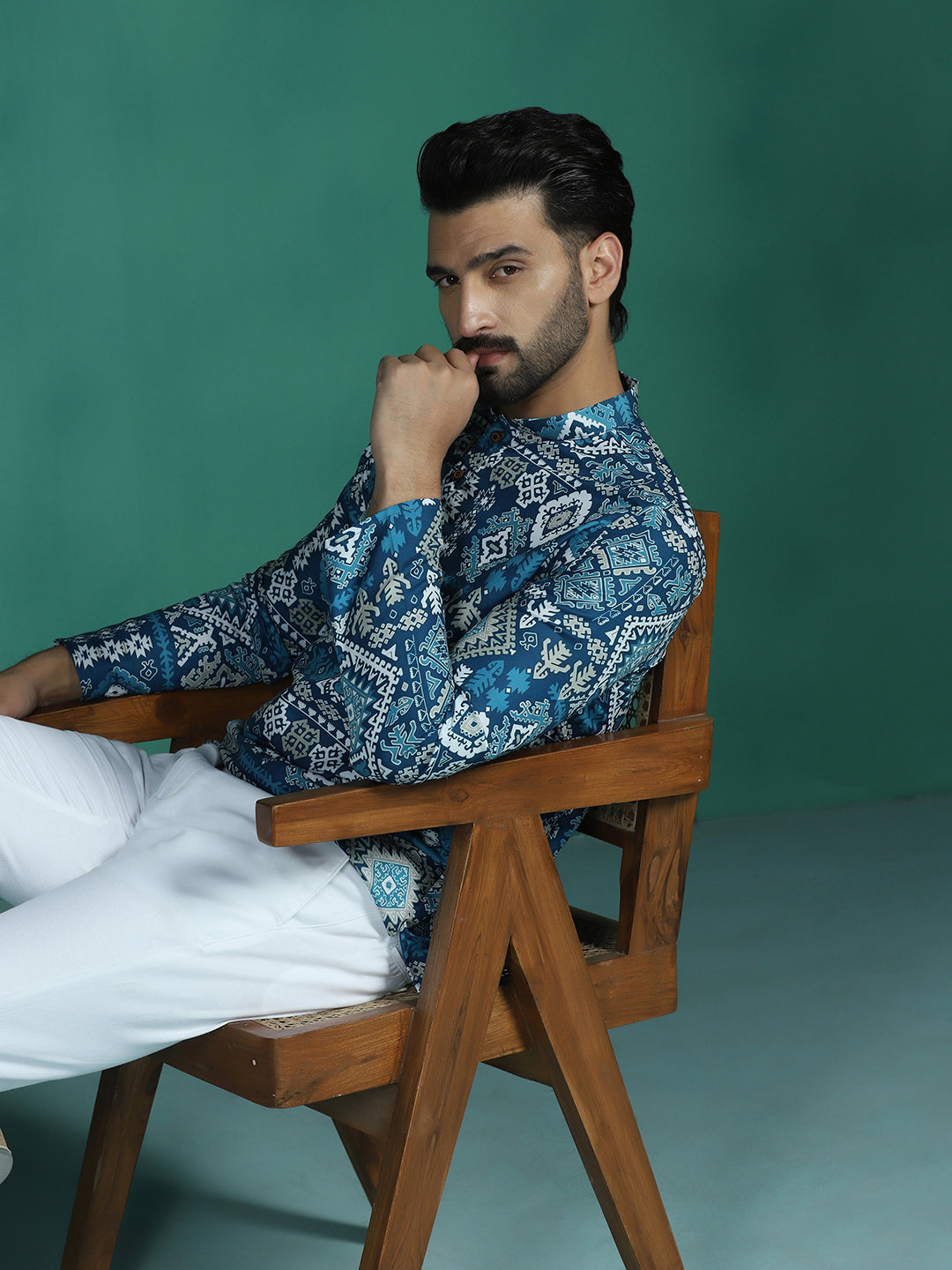 Zavaya Blue Abstract Rayon Short Kurta for Men