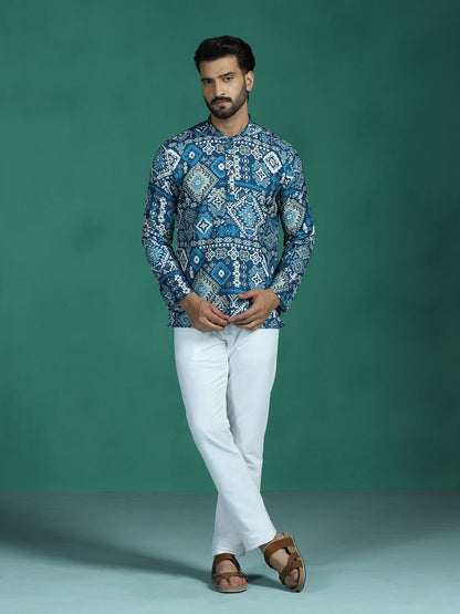 Zavaya Blue Abstract Rayon Short Kurta for Men