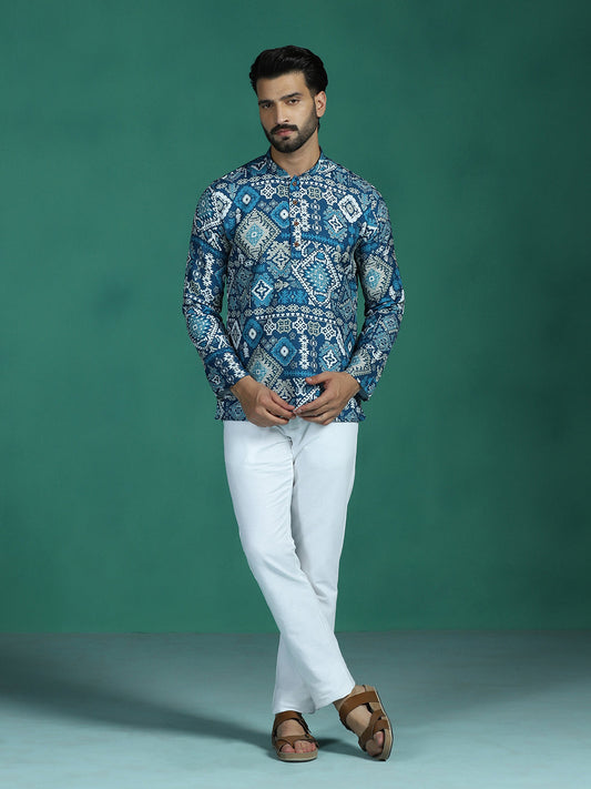 Zavaya Blue Abstract Rayon Short Kurta for Men