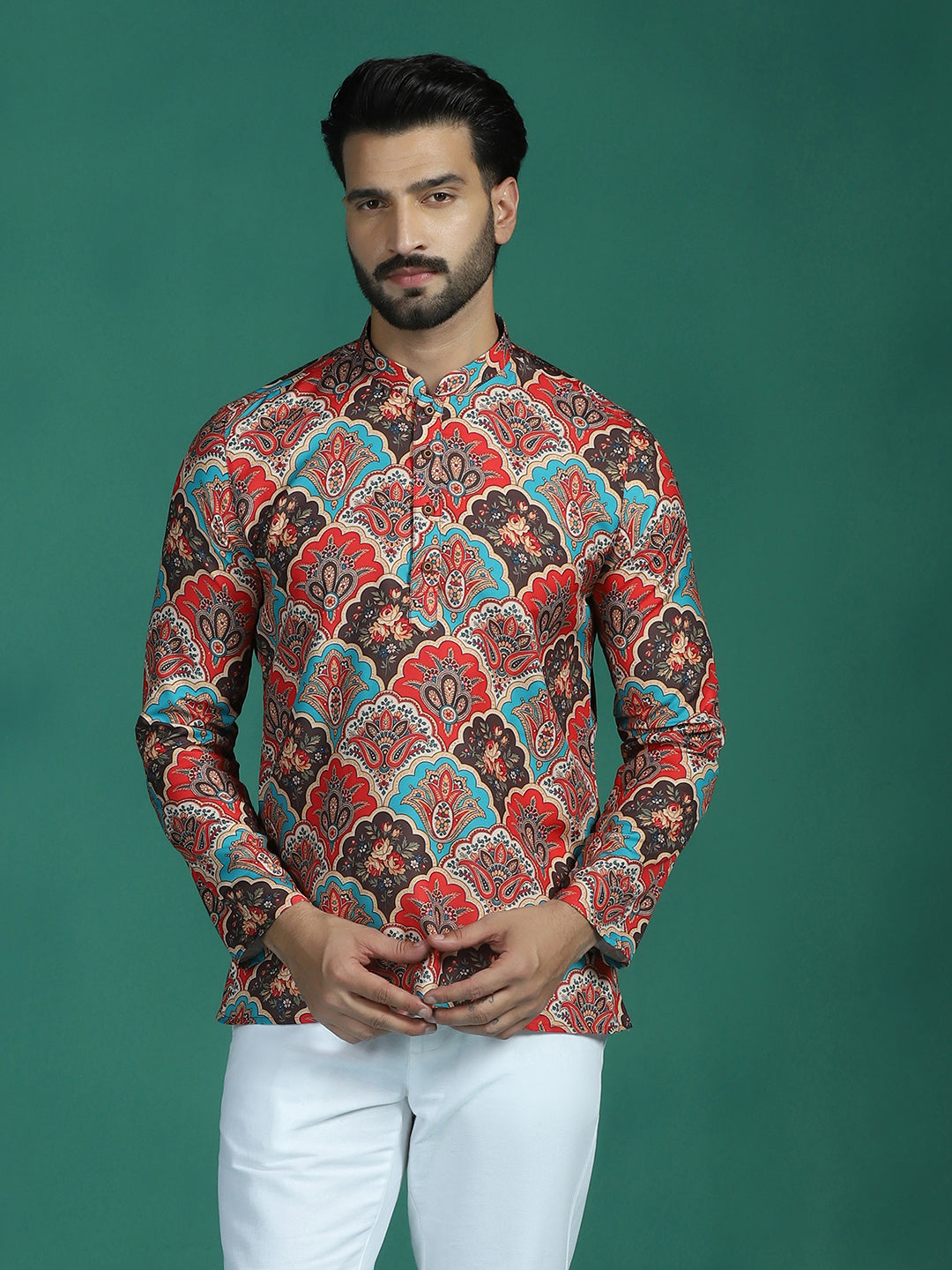 Zavaya Multi Abstract Rayon Short Kurta for Men