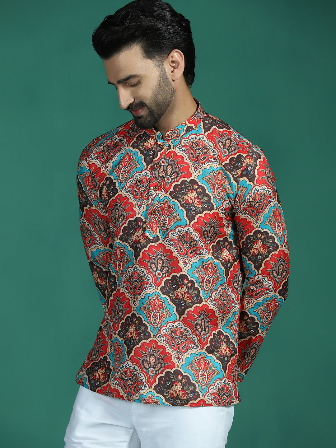 Zavaya Multi Abstract Rayon Short Kurta for Men