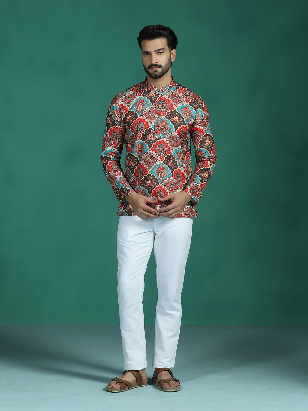 Zavaya Multi Abstract Rayon Short Kurta for Men