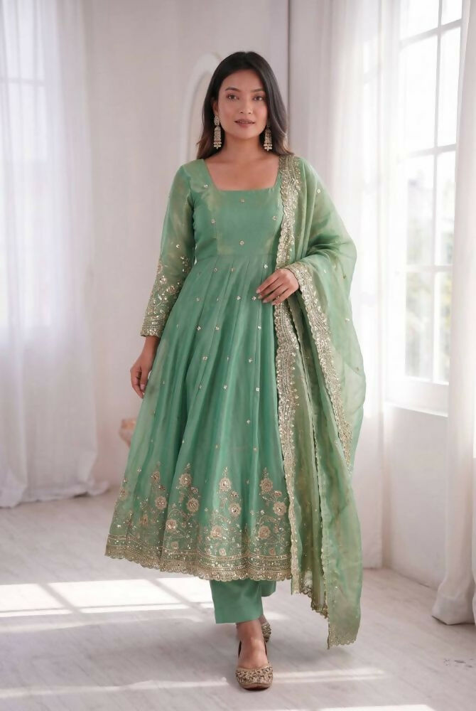 Teeya Creation Womens New Latest Trendy Elegant Pista Embroidered Anarkali Suit Set with Scalloped Dupatta