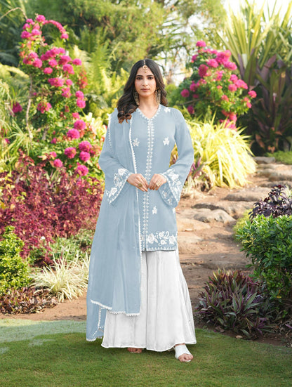 Nikhaar Light Blue Embroidered Modal Silk Stitched Straight Cut Kurta Kalidar Palazzo Dupatta Readymade Suit