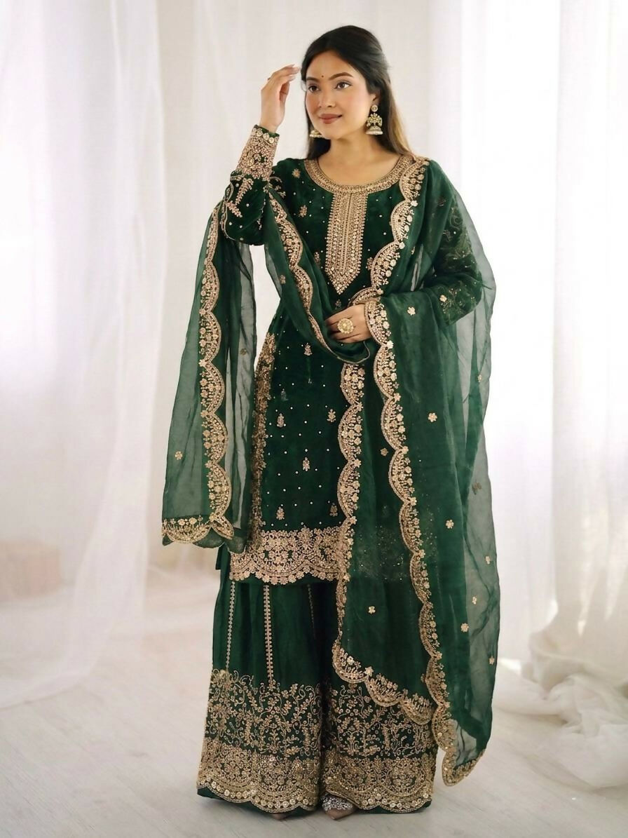 Teeya Creation Womens New Trendy Embroidery Coding And Sequence Work Green Kurta Set
