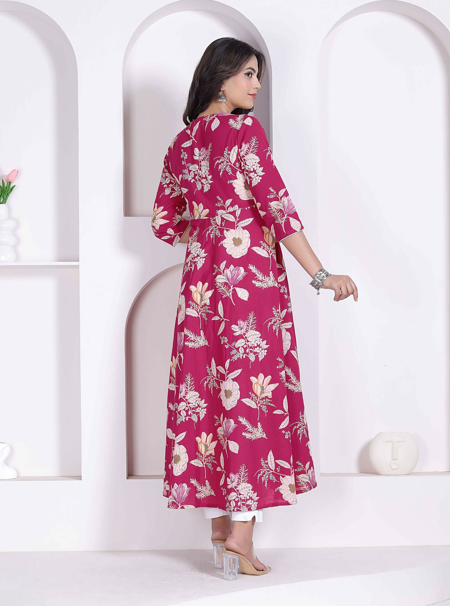 Miravan Womens Pink Floral Printed Angrakha Kurta