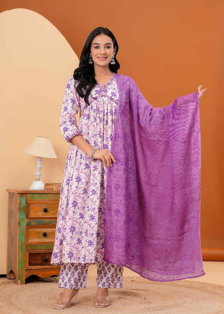 Jaimini Women Cotton Printed V-Neck 3/4 Sleeves Calf Length Alia Cut Kurta Pant And Dupatta Set