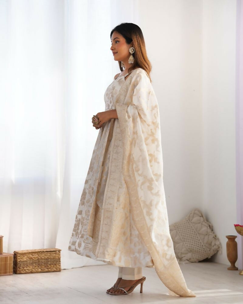 The52 Women's Gorgeous Jacquard Work Jacquard Silk Fabric Flared Anarkali Pant and Dupatta Set